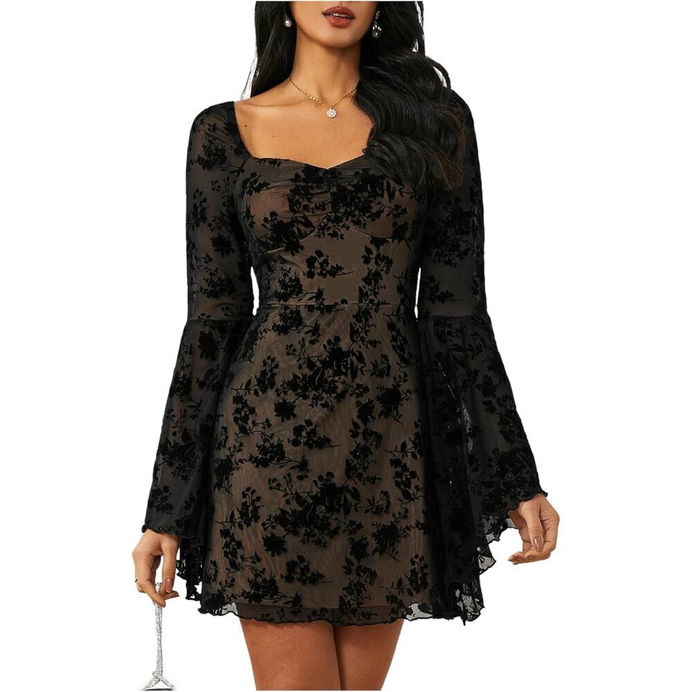 Women's Gothic Floral Jacquard Mesh Dress Long Sleeve A Line Vintage Black Large